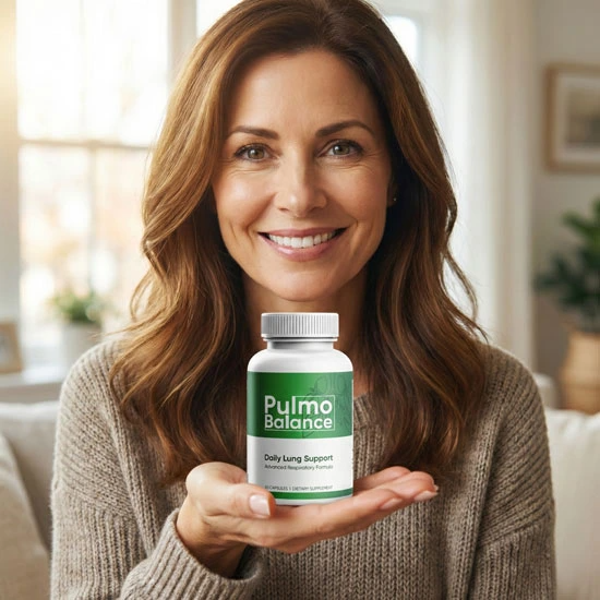 Hand holding Pulmo Balance bottle — Daily Lung Support advanced respiratory formula